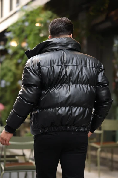 Oversize Kapüşonu Çıkarılabilir Şişme Deri Mont - Siyah - 6