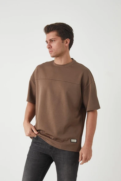 Panel Detaylı Basic Oversize Erkek T-Shirt - Kahve - 5
