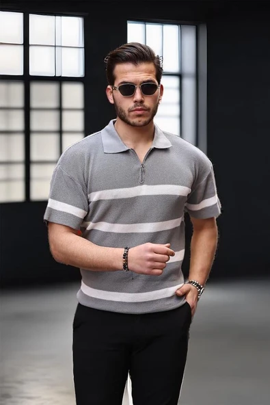 Yarım Fermuar Çizgili Oversize Triko T-Shirt - Gri