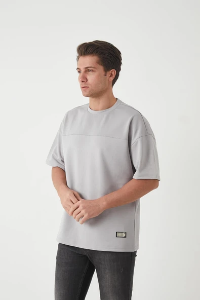Panel Detaylı Basic Oversize Erkek T-Shirt - Gri - Resim 5