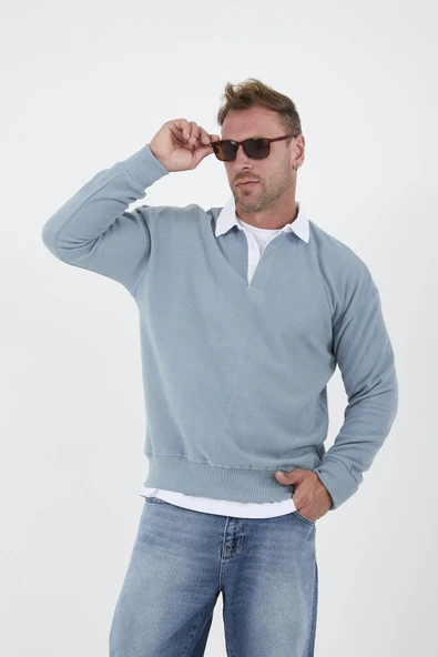 Polo Yaka Selanik Örme Kumaş Erkek Sweatshirt - Soğuk Mavi - 7