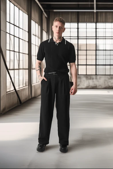 Yakası Şeritli Viskon Polo Yaka Triko Erkek T-Shirt - Siyah - 9