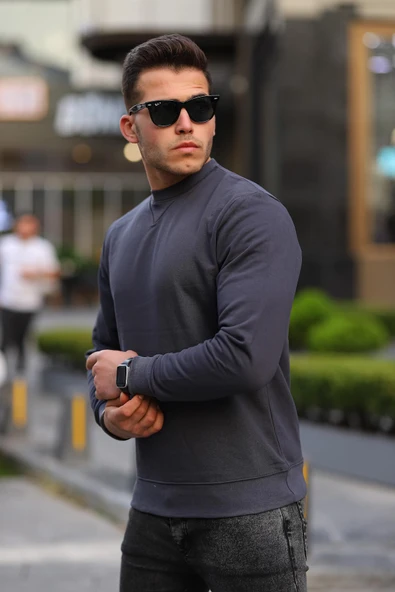 Bisiklet Yaka Basic  Sweatshirt - Füme - 2