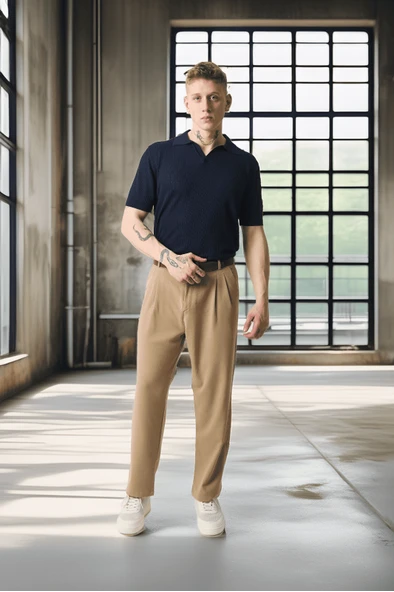 Örme Desenli Viskon Polo Yaka Triko Erkek T-Shirt - Lacivert - 9