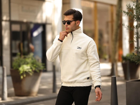 Premium Yarım Ferrmuar Polar Sweatshirt - Ekru - 5