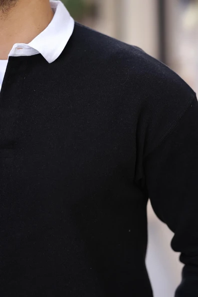 Polo Yaka Selanik Örme Kumaş Erkek Sweatshirt - Siyah - 7