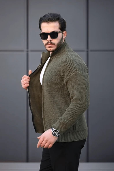 Oversize Selanik Örme Fermuarlı Erkek Hırka- Haki - 3