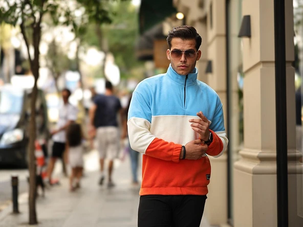 Parça Desen Yarım Fermuar Polar Sweatshirt Bebe Mavi/Ekru/Turuncu - 4