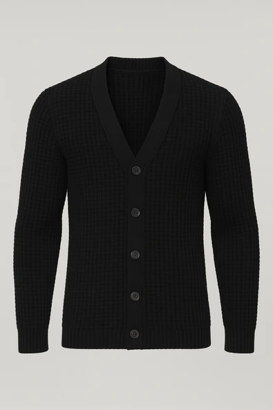 Nopenli Fitil Örgü Düğmeli Hırka - Siyah ürün görseli 1