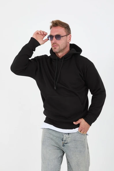 Siyah Erkek Oversize Kapüşonlu Kanguru Cepli Sweatshirt - Hoodie - 2