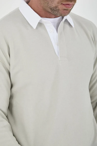 Polo Yaka Selanik Örme Kumaş Erkek Sweatshirt - Taş - 2