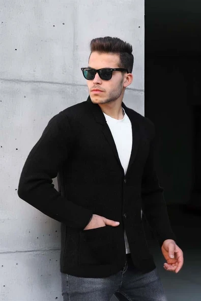 Siyah Erkek Cep Detaylı Triko Ceket - Resim 2