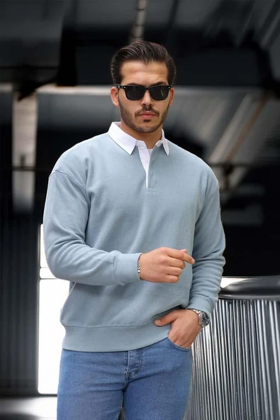 Luis Polo Yaka Selanik Örme Kumaş Erkek Sweatshirt - Soğuk Mavi - Resim 4