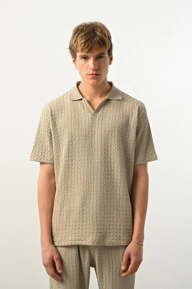 Premium Gölge Dokulu Polo Yaka Erkek T-Shirt - Bej ürün görseli