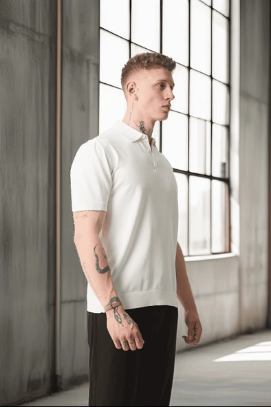 Polo Yaka Basic Düğmeli Triko Erkek T-Shirt - Ekru - 4