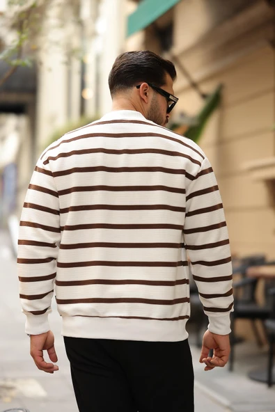 Oversize Çizgili Düğmeli Erkek Hırka - Kahve - 6