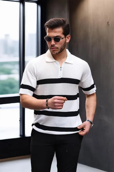 Yarım Fermuar Çizgili Oversize Triko T-Shirt - Beyaz