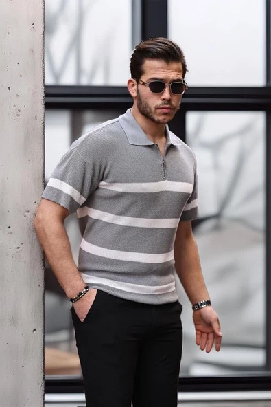 Yarım Fermuar Çizgili Oversize Triko T-Shirt - Gri - 4