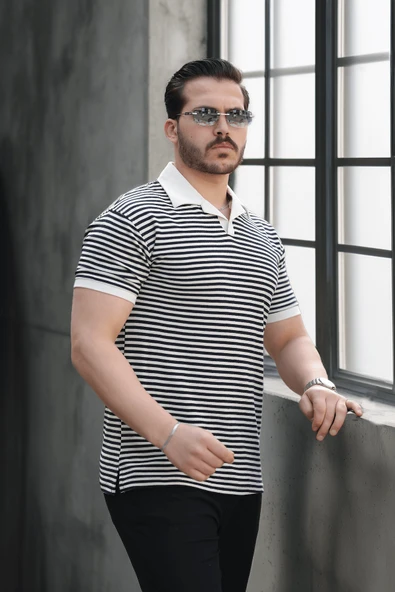 Çizgili Örme Desenli Polo Yaka Erkek T-Shirt - Siyah - 4