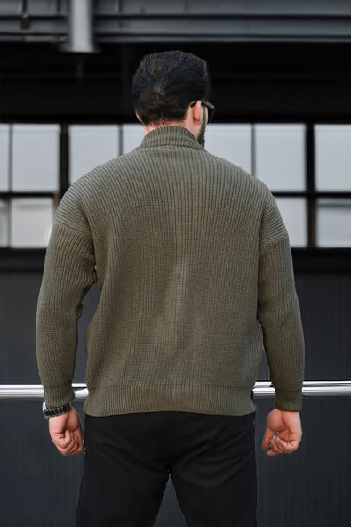 Oversize Selanik Örme Fermuarlı Erkek Hırka- Haki - 6
