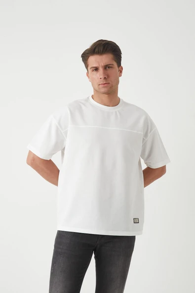 Panel Detaylı Basic Oversize Erkek T-Shirt - Ekru - 6