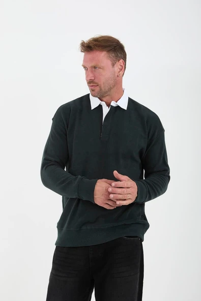 Polo Yaka Selanik Örme Kumaş Erkek Sweatshirt - NeftiYeşili - 2