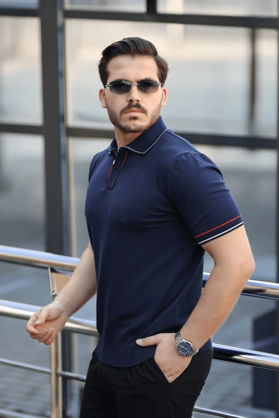 Premium Şerit Detaylı Viskon Polo Yaka Triko Erkek T-Shirt - Lacivert