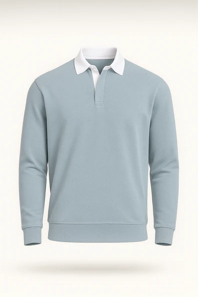 Luis Polo Yaka Selanik Örme Kumaş Erkek Sweatshirt - Soğuk Mavi ürün görseli 1