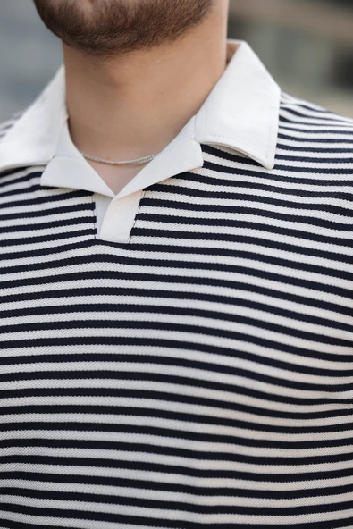 Çizgili Örme Desenli Polo Yaka Erkek T-Shirt - Siyah - 2