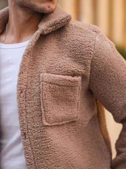 Tek Cepli Peluş Ceket- Bej - Resim 4