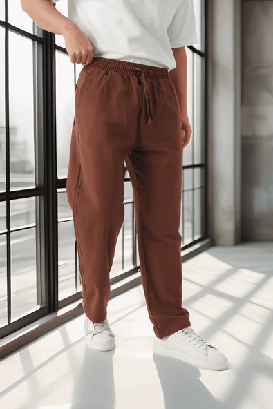 Hafif ve Nefes Alabilir Pamuklu Rahat Kalıp Baggy Erkek Pantolon - Kahve - 3