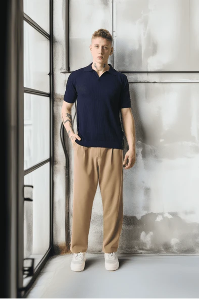 Örme Desenli Viskon Polo Yaka Triko Erkek T-Shirt - Lacivert - 7