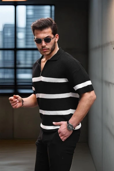 Yarım Fermuar Çizgili Oversize Triko T-Shirt - Siyah - 3