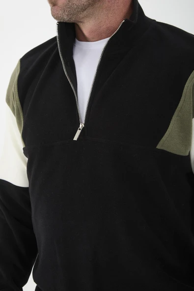 Oversize Erkek Kolları Garnili Selanik Örme Erkek Sweatshirt - Siyah - 4
