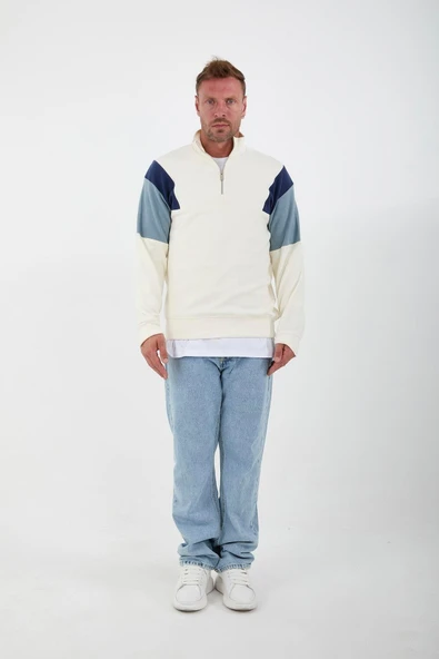 Oversize Erkek Kolları Garnili Selanik Örme Erkek Sweatshirt - Ekru - 4