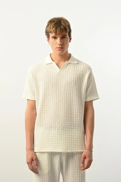 Premium Gölge Dokulu Polo Yaka Erkek T-Shirt - Ekru ürün görseli 1