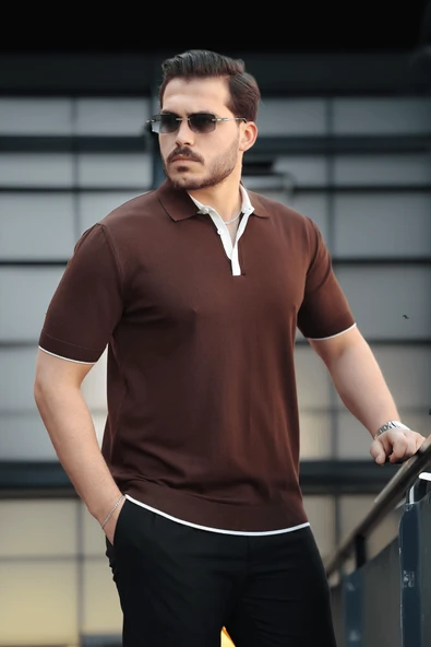 Premium Şerit Detaylı Viskon Polo Yaka Triko Erkek T-Shirt - Kahve ürün görseli 1