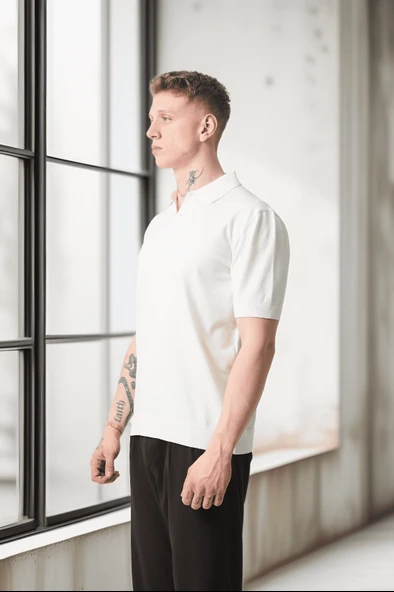 Polo Yaka Basic Düğmeli Triko Erkek T-Shirt - Ekru - 5