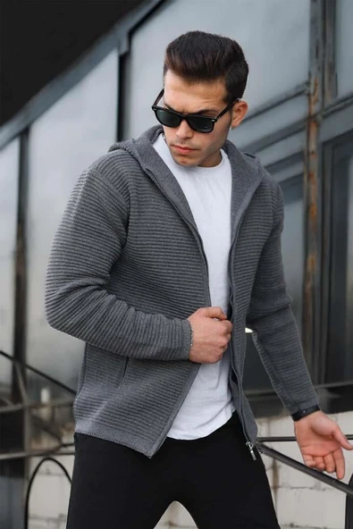 Fermuarlı Merdiven Örgü Kapüşonlu Triko Hırka/Ceket Füme - Resim 3