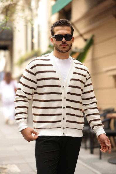 Oversize Çizgili Düğmeli Erkek Hırka - Kahve - 5