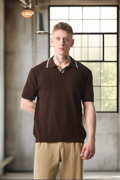 Yakası Şeritli Viskon Polo Yaka Triko Erkek T-Shirt - Kahve - 6