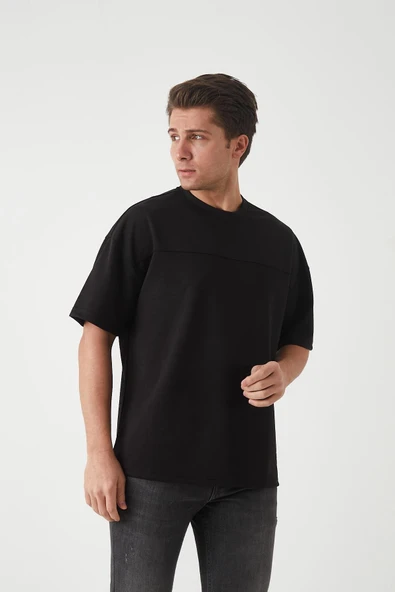 Panel Detaylı Basic Oversize Erkek T-Shirt - Siyah - 8