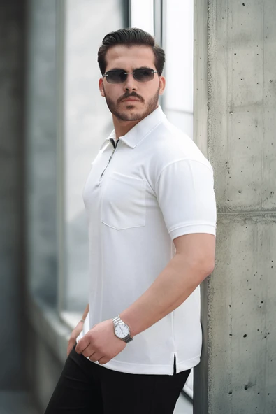 Yarım Fermuar Tek Cepli Erkek T-Shirt - Beyaz - 3