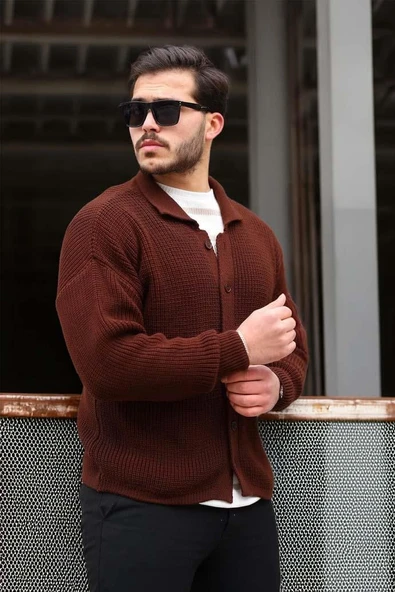 Oversize Selanik Örgü Düğmeli Erkek Hırka- KoyuKahve - Resim 2