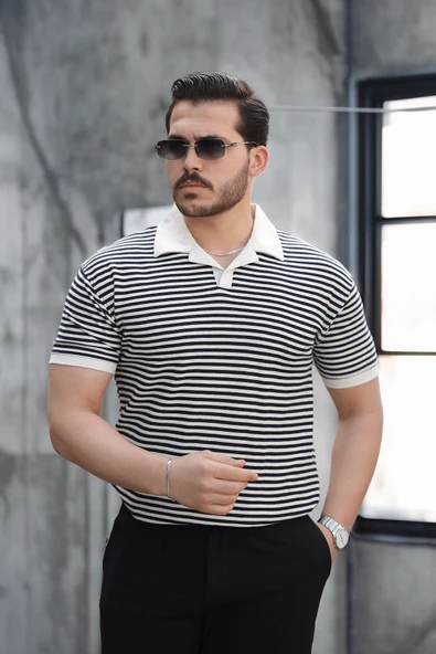 Çizgili Örme Desenli Polo Yaka Erkek T-Shirt - Siyah