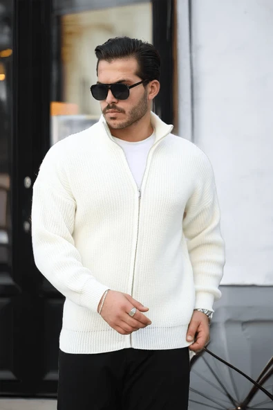Oversize Selanik Örme Fermuarlı Erkek Hırka- Ekru - 4