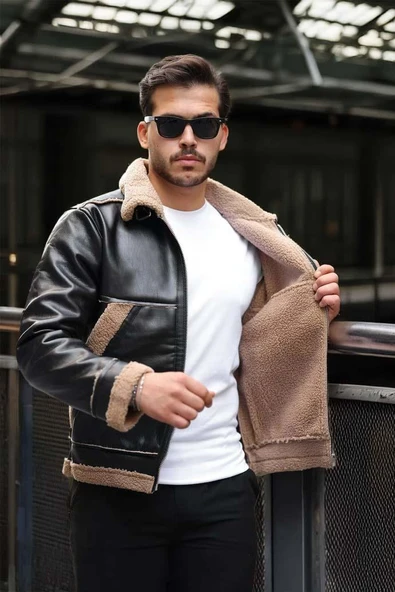 Vintage Kürk Detaylı Erkek Deri Ceket/Mont - Siyah