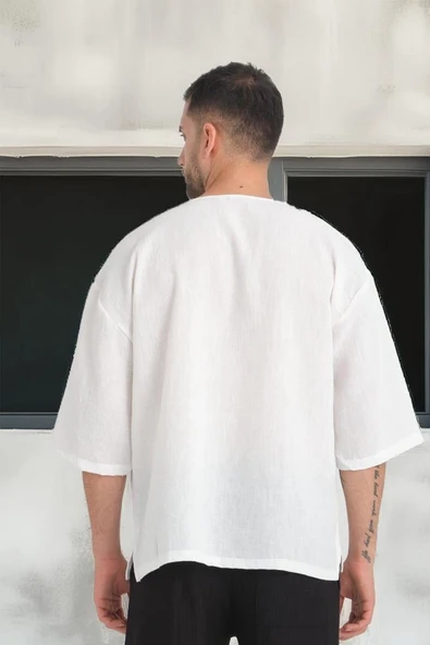 Bisiklet Yaka Fakir Kol Oversize Kısa Kol T-shirt - Beyaz - 8