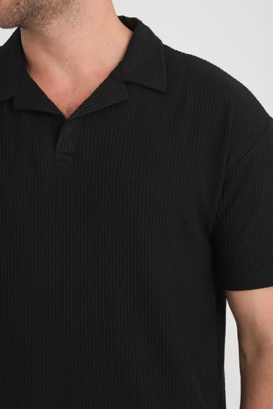 Premium V Yaka Oversize Fitilli T-Shirt - Siyah - 2