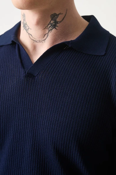 Örme Desenli Viskon Polo Yaka Triko Erkek T-Shirt - Lacivert - 2